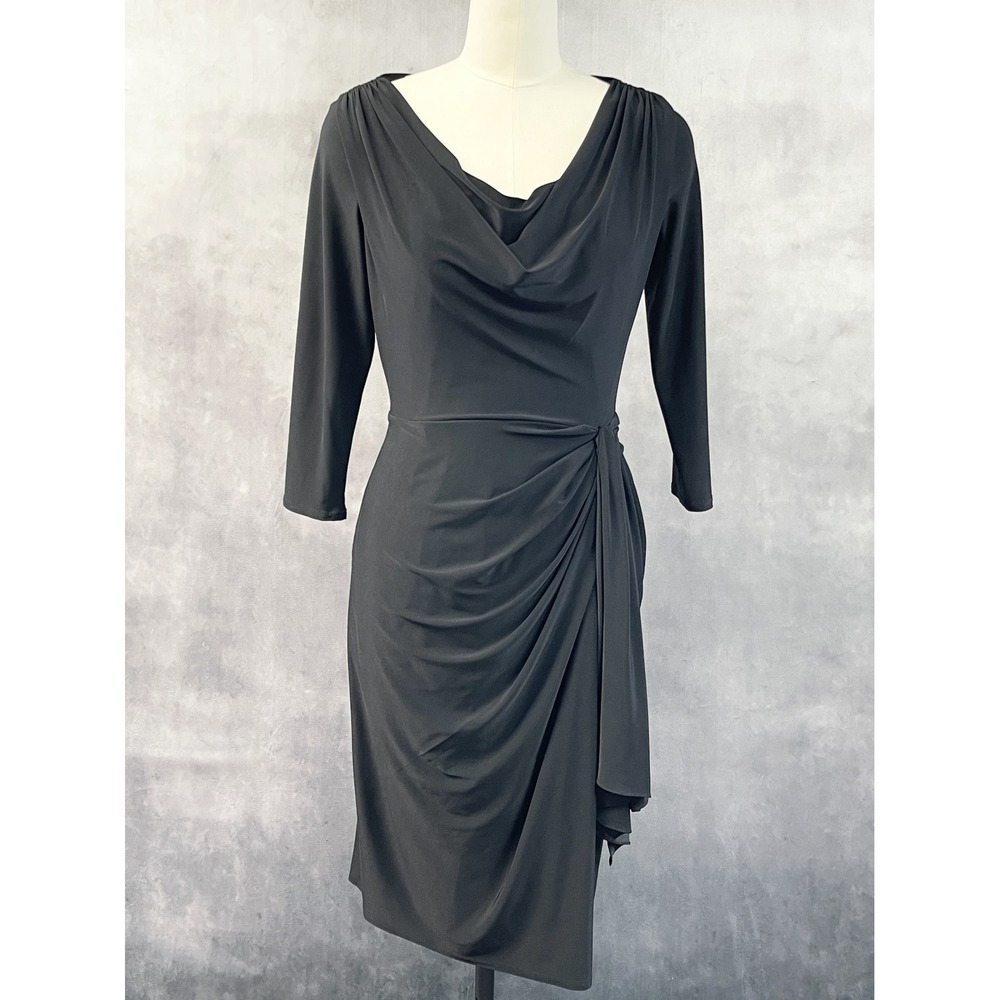 Tadashi Collection Womens Drape Cowl Neck Dress Size M Black Stretch Evening